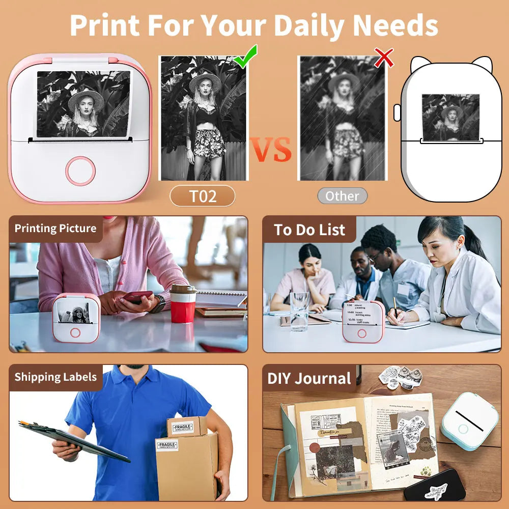 Phomemo-Portable Mini Thermal Printer, T02 Pocket Label Printer, DIY Self-adhesive Sticker Label Machine, Various Paper